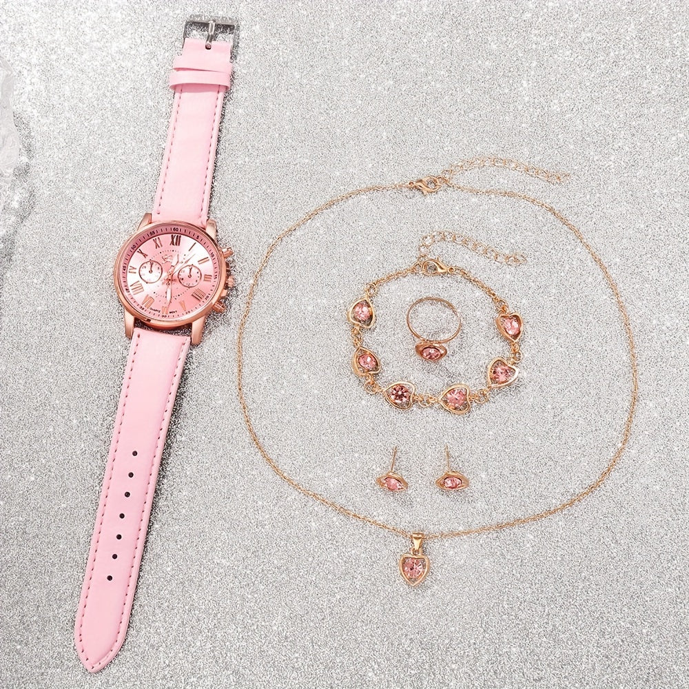 Elegant 6pcs Women's Fashion Quartz Watch Set with Heart Pendant