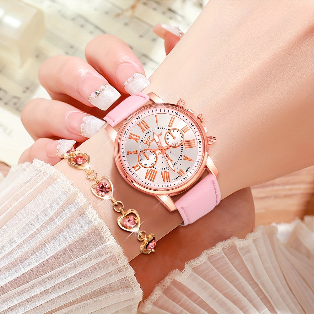 Elegant 6pcs Women's Fashion Quartz Watch Set with Heart Pendant
