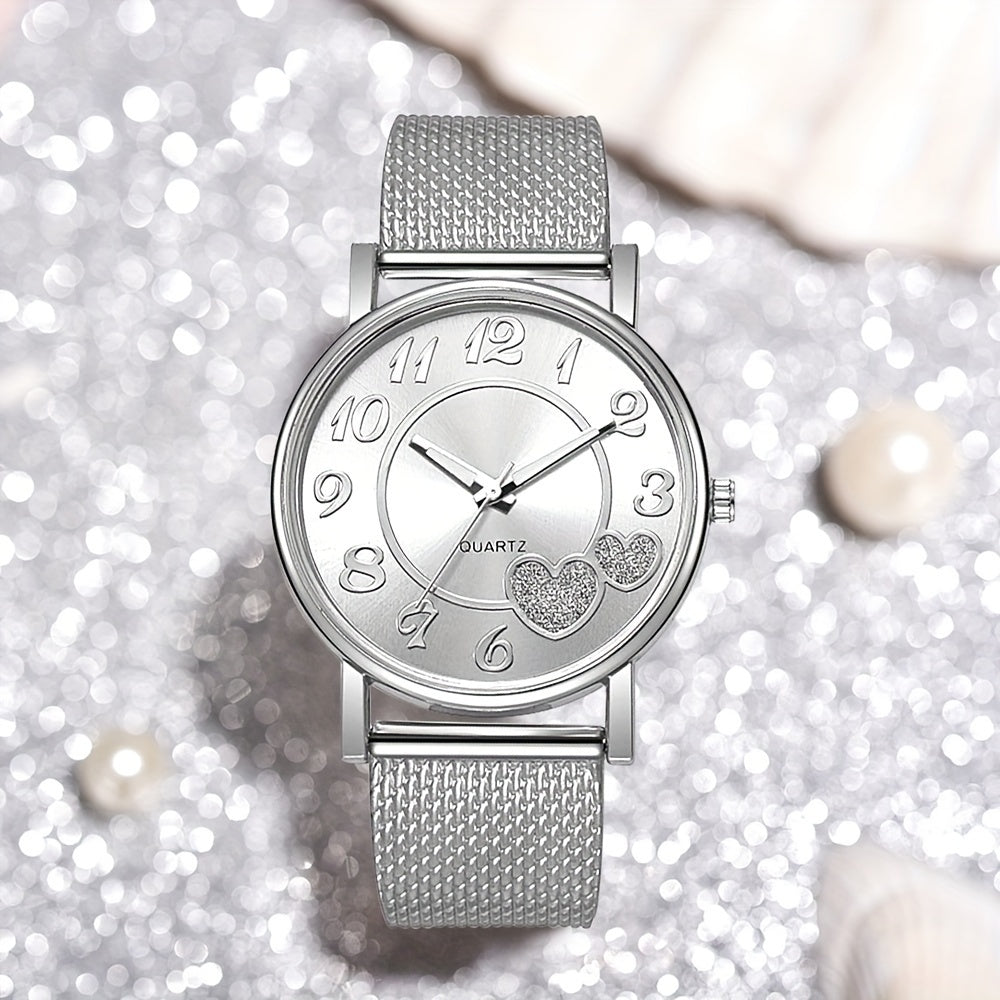 Women'S Fashion Quartz Wrist Watch with Heart-Shaped Accents, Round Dial, Canvas Band, Alloy Case
