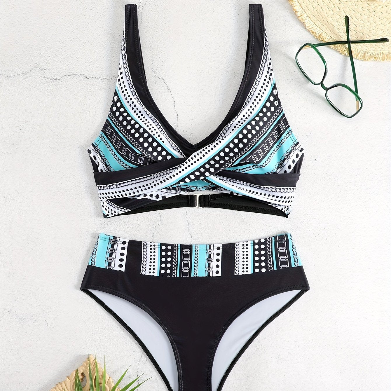 2 Piece Striped Print Bikini Set - V Neck Ring Medium Stretch Swimsuits with Cross Cut Out, Comfortable and Flattering Women's Swimwear