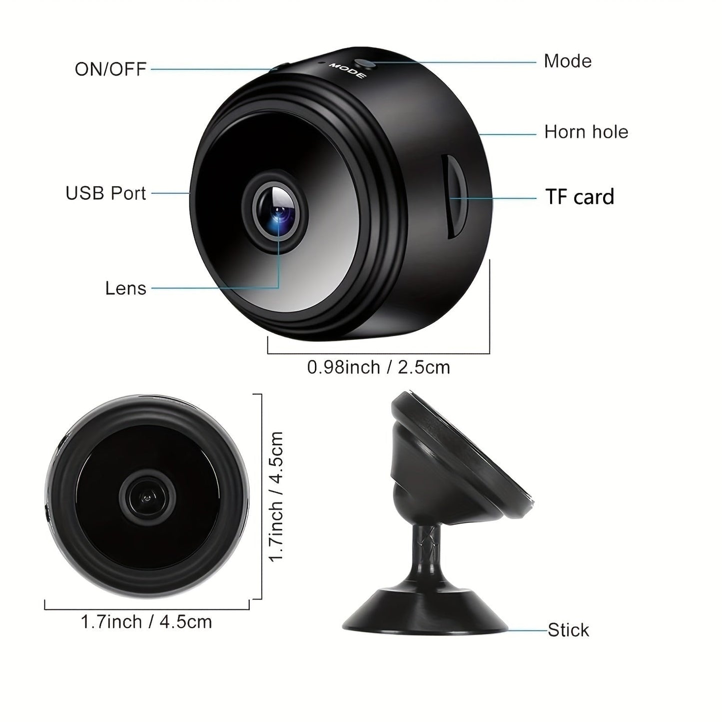 1pc Mini Smart Security Camera, WiFi Enabled, Non-Waterproof, Tabletop Mount, Dual Power USB/Battery, with USB Port