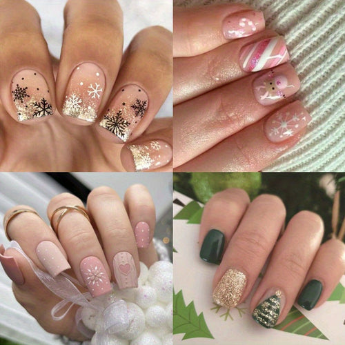 96pcs Christmas Short Square Nails with Shiny Finish