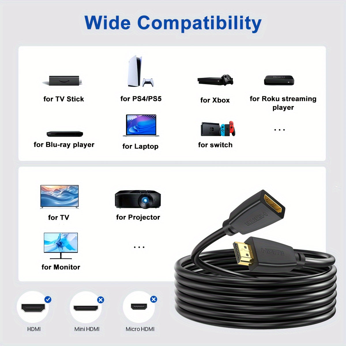 I-Zclive 4K HDTV Extension Cable - High Speed, Gold-Plated Male to Female Connector for Monitors