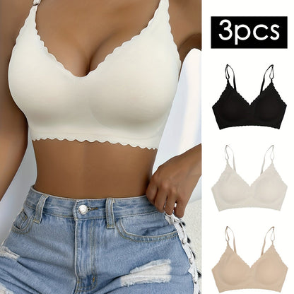 3pcs Breathable Wavy Trim Seamless Bralettes
