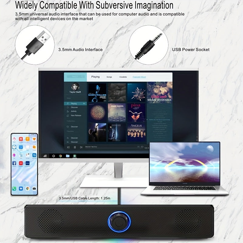 3.5mm 0.14in Jack Wired Speaker - Immersive Surround Soundbar with Stereo Subwoofer