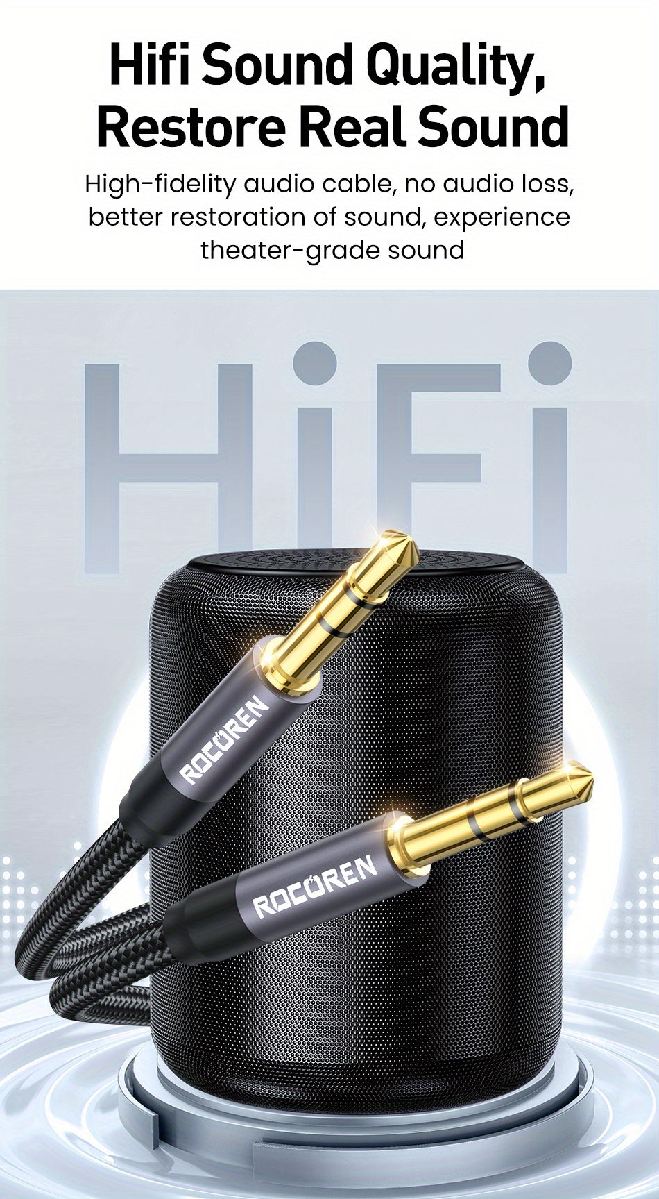 Rocoren Braided 3.5mm Aux Cable - Hi-Fi Stereo Sound, Male to Male Connectivity, Universal Compatibility for Audio Devices