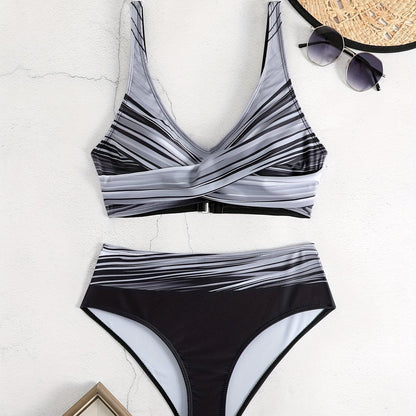 2 Piece Striped Print Bikini Set - V Neck Ring Medium Stretch Swimsuits with Cross Cut Out, Comfortable and Flattering Women's Swimwear