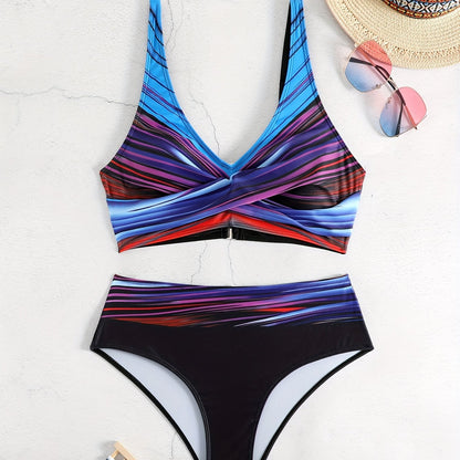 2 Piece Striped Print Bikini Set - V Neck Ring Medium Stretch Swimsuits with Cross Cut Out, Comfortable and Flattering Women's Swimwear