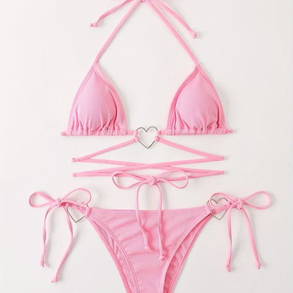 Valentine's Day Heart-Linked Halter Neck Rib-Knit Bikini Sets - Tie Side High Cut Two Pieces Swimsuit with Triangle Top - Women's Swimwear