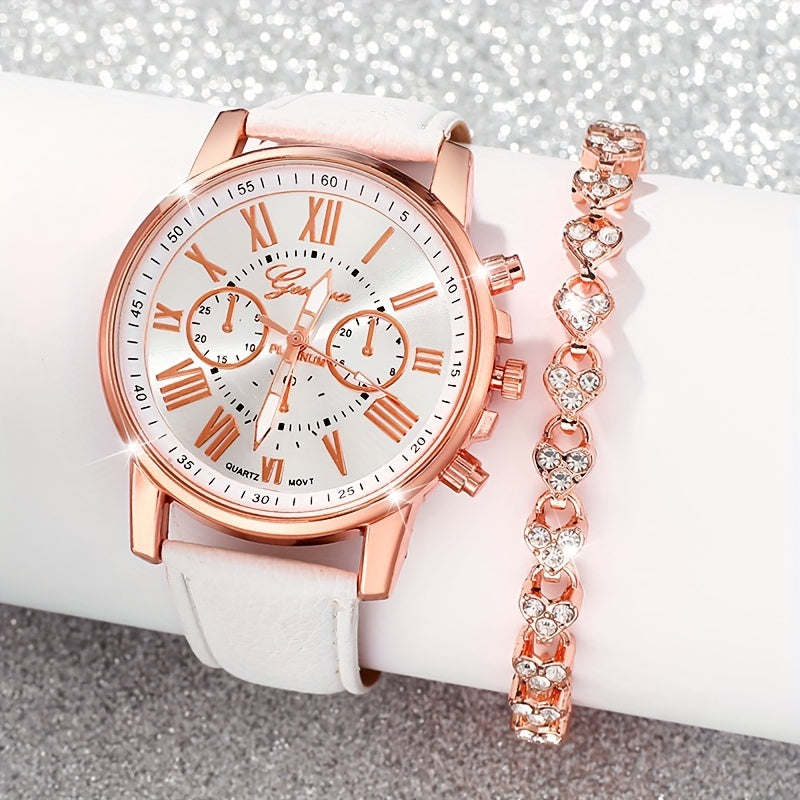 Elegant 2pcs Women's Quartz Watch Set with Faux Leather Straps