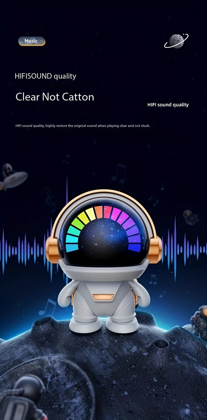 FOUBEAK Cute Astronaut Small Speaker, Small Wireless Portable Outdoor Speaker with Light, Home Party Office Decoration Subwoofer (White Light)