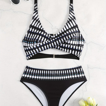 2 Piece Striped Print Bikini Set - V Neck Ring Medium Stretch Swimsuits with Cross Cut Out, Comfortable and Flattering Women's Swimwear