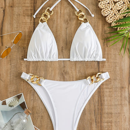 2 Piece Chain Ring Link Triangle Halter Bikini Set Tie Back Lace Up