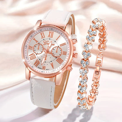 Elegant 2pcs Women's Quartz Watch Set with Faux Leather Straps