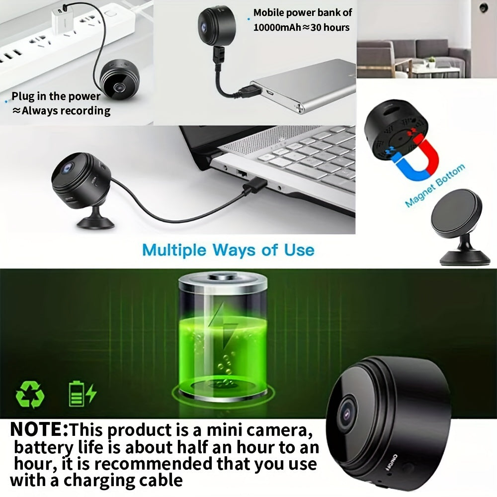 1pc Mini Smart Security Camera, WiFi Enabled, Non-Waterproof, Tabletop Mount, Dual Power USB/Battery, with USB Port