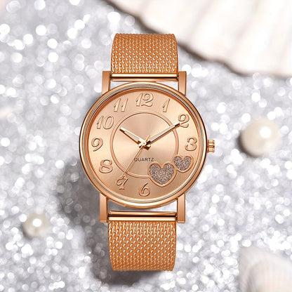 Women'S Fashion Quartz Wrist Watch with Heart-Shaped Accents, Round Dial, Canvas Band, Alloy Case