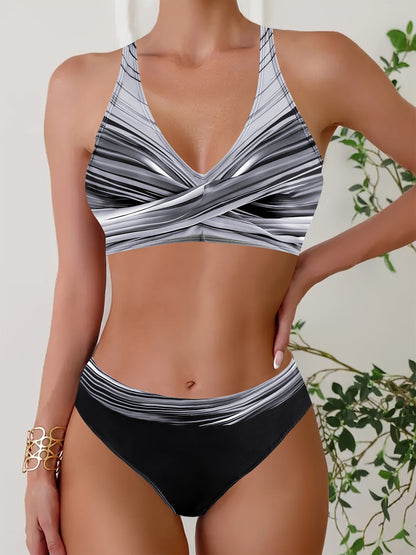 2 Piece Striped Print Bikini Set - V Neck Ring Medium Stretch Swimsuits with Cross Cut Out, Comfortable and Flattering Women's Swimwear