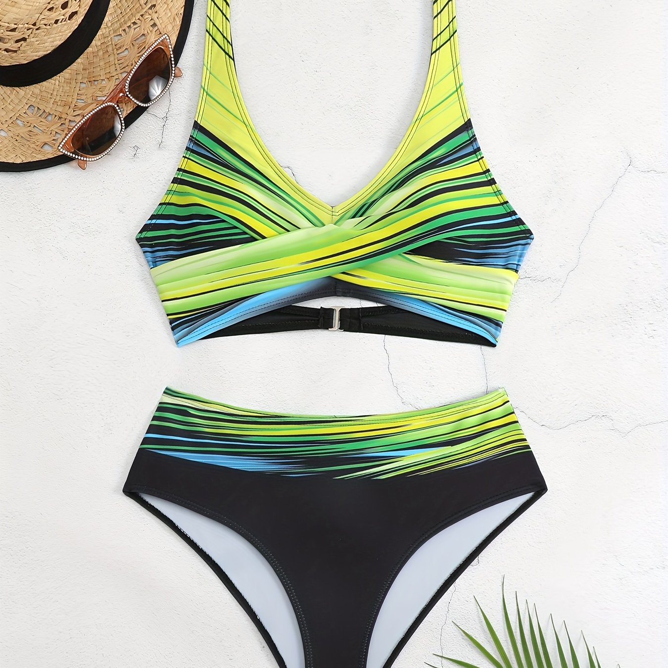 2 Piece Striped Print Bikini Set - V Neck Ring Medium Stretch Swimsuits with Cross Cut Out, Comfortable and Flattering Women's Swimwear