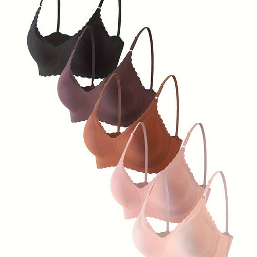 5 Pcs Solid Bras, Elegant Scallop Trim Seamless T-shirt Bra with Adjustable Strap, Women's Lingerie