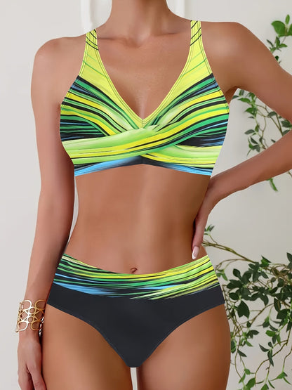 2 Piece Striped Print Bikini Set - V Neck Ring Medium Stretch Swimsuits with Cross Cut Out, Comfortable and Flattering Women's Swimwear