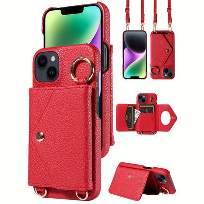 Artificial Leather Phone Case For iPhone 15 14 Plus 13 12 11 Pro Max With Long Lanyard, Crossbody Bag Shockproof Cover & Mirror