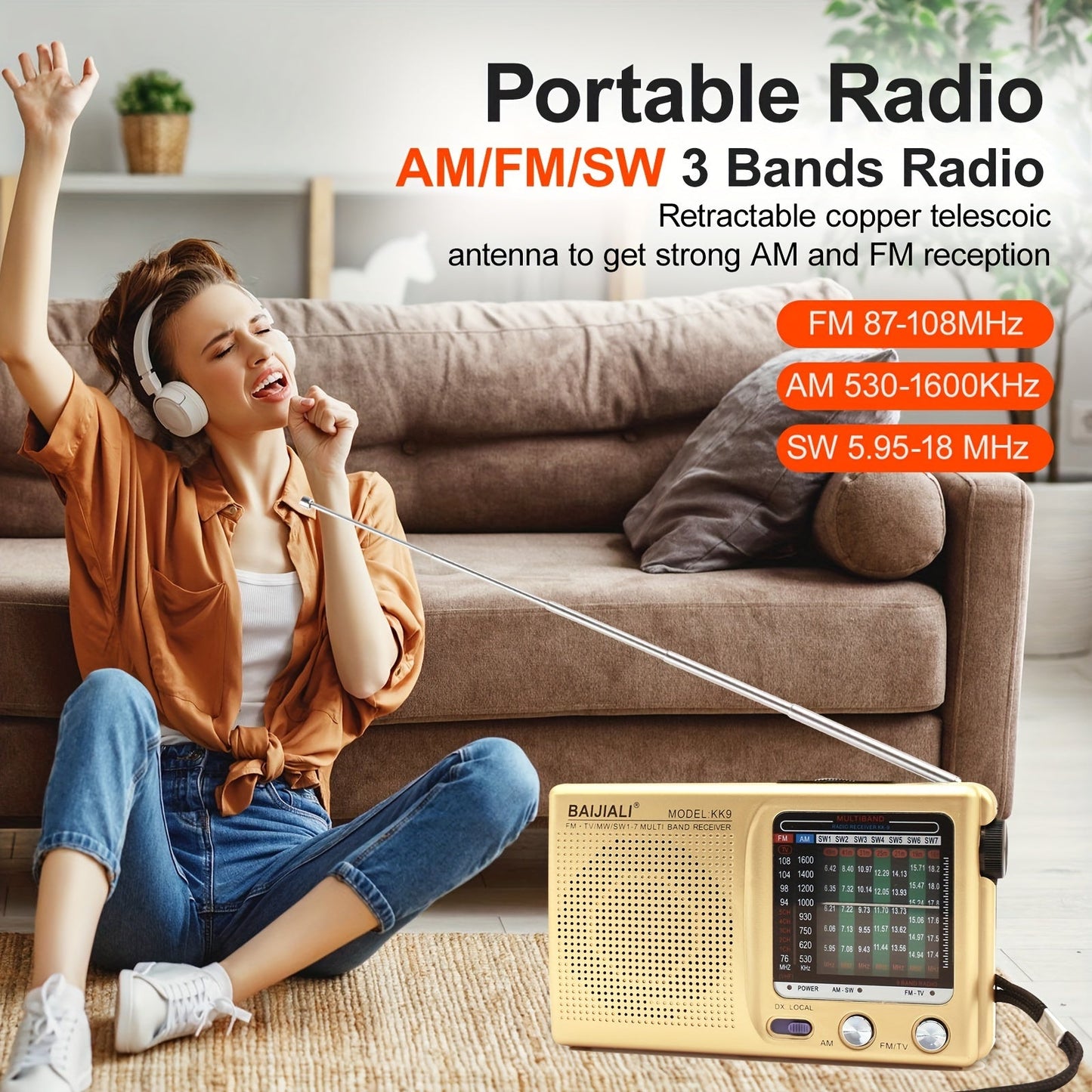 2W Powerful Portable Radio Speaker - AM/FM/SW/TV Bands, Headphone Jack, USB Powered, 2*AA Battery Operated