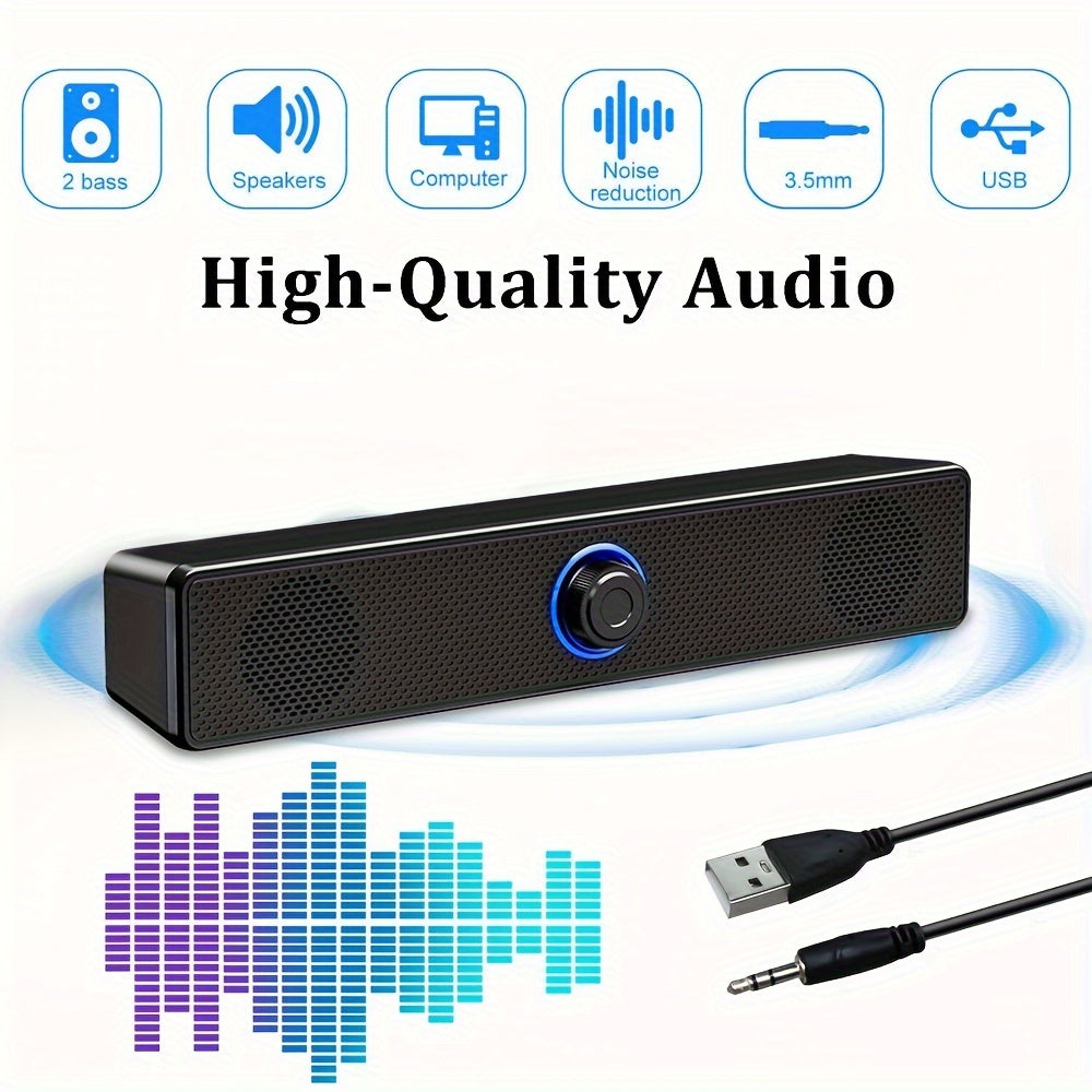 Compact Desktop Speaker with USB Power, Stereo Sound, and Blue LED Lights - Ideal for Computers