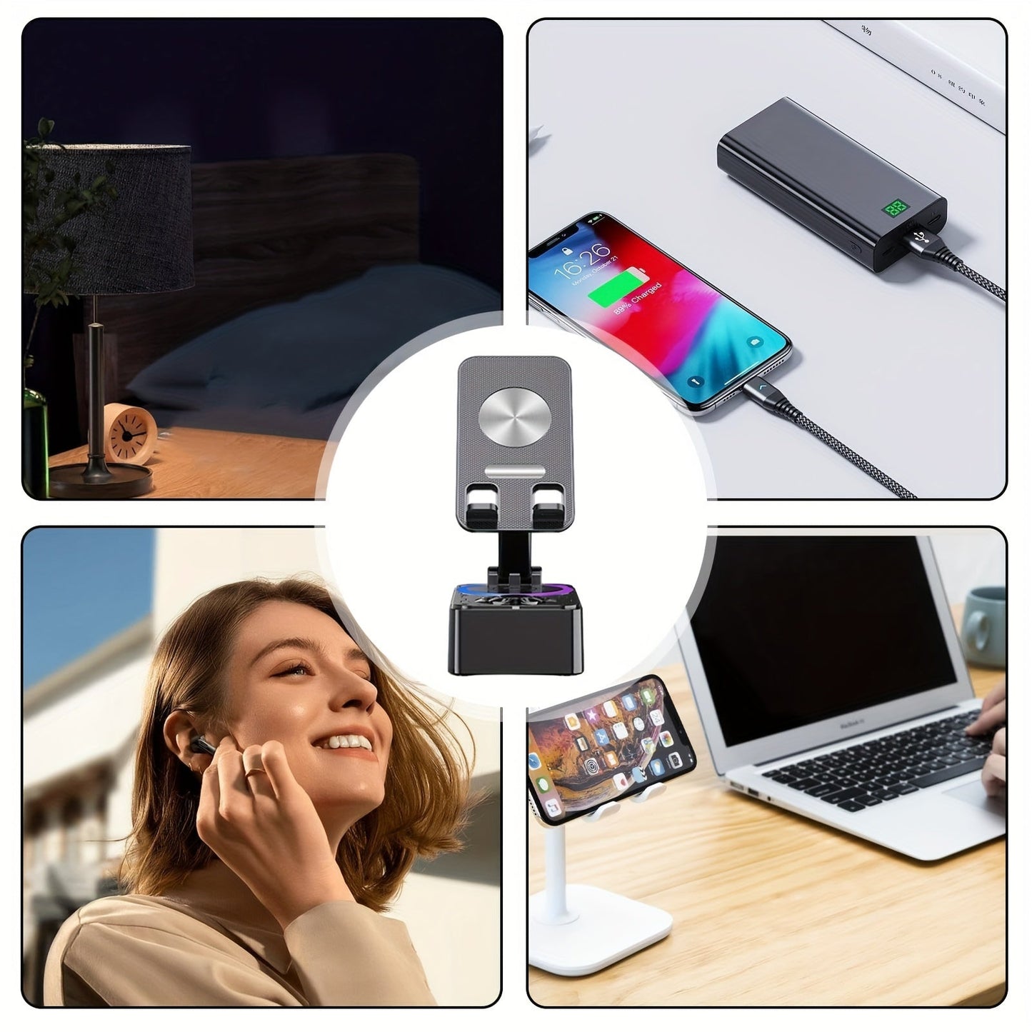 1pc XSound 3-in-1 Magnetic Phone Stand with LED Lights, USB Charging Stereo Speaker, Portable Wireless Microphone, Flexible