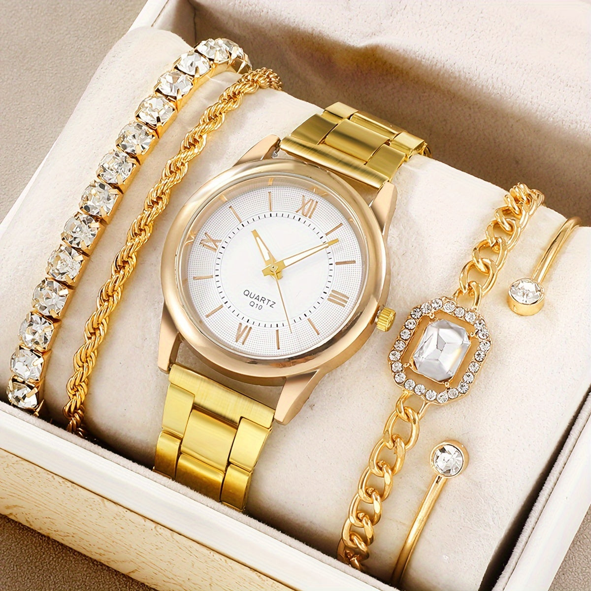 Luxury Golden Quartz Watch, Rome Fashion Wrist Watch 5pcs/set